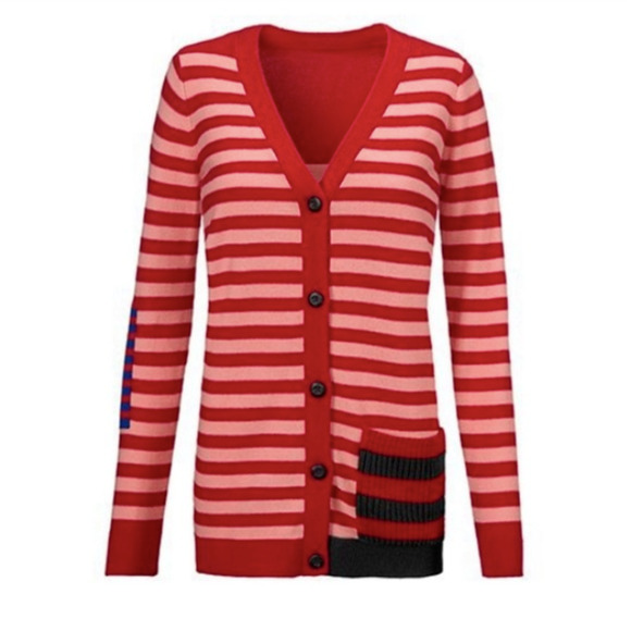 Cabi Picnic Cardigan Red Pink Striped Button Front Size Small Style #5446 Preppy - Picture 2 of 6